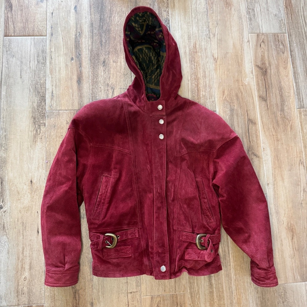 Vintage Burgundy Suede Leather Hooded Jacket Patterned Lining Buckle Wilsons